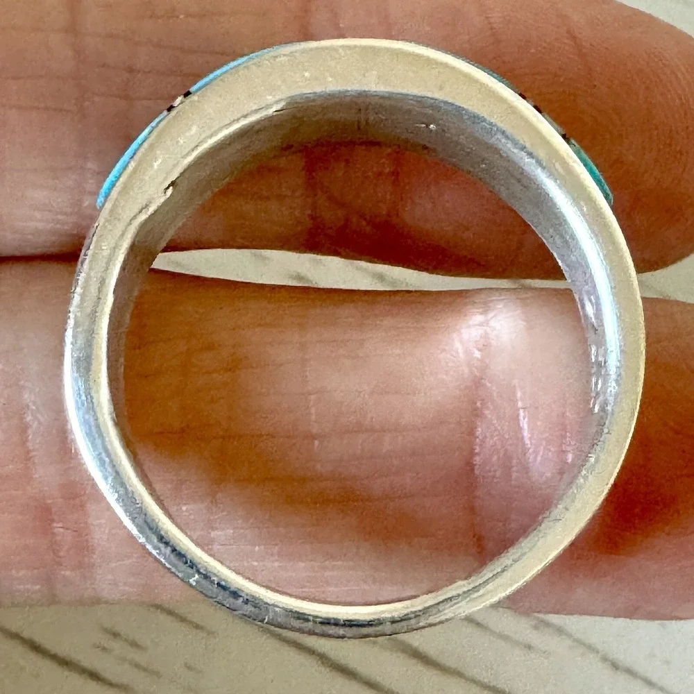 Navajo Inlay Turquoise Opal Wedding Band Sz 13 9mm Ring Men Signed AT B